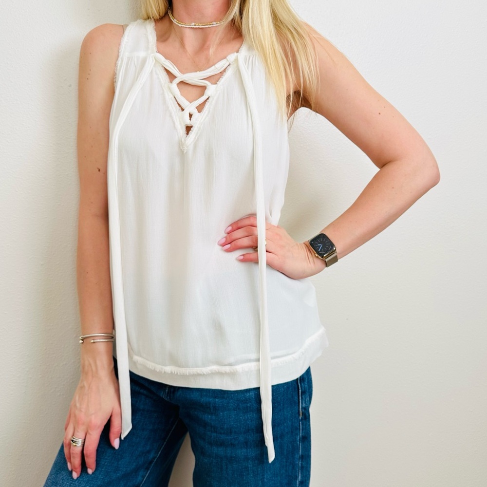 New Ramy Brook Ivory Sleeveless Lace Up Relaxed Fit Tank Top